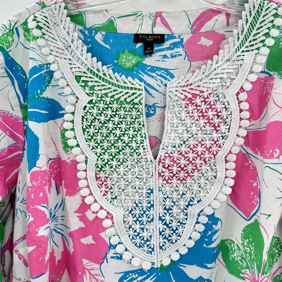 Talbots Colorful Floral and Lace Blouse Size 2X Pink Blue White Cotton Retro - Picture 3 of 10